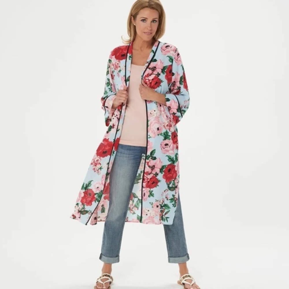 Laurie Felt Printed Kimono Duster Blue Floral Loungewear Casual QVC 2241 XS